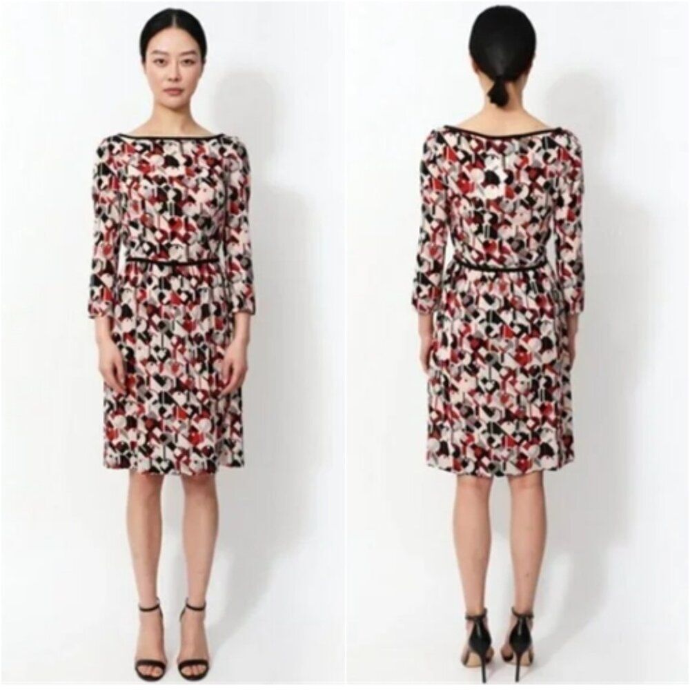 PRADA Silk Dress Geometric Print Boat Neck Cinched Waist Knee Length‎ 3/4 Sleeve